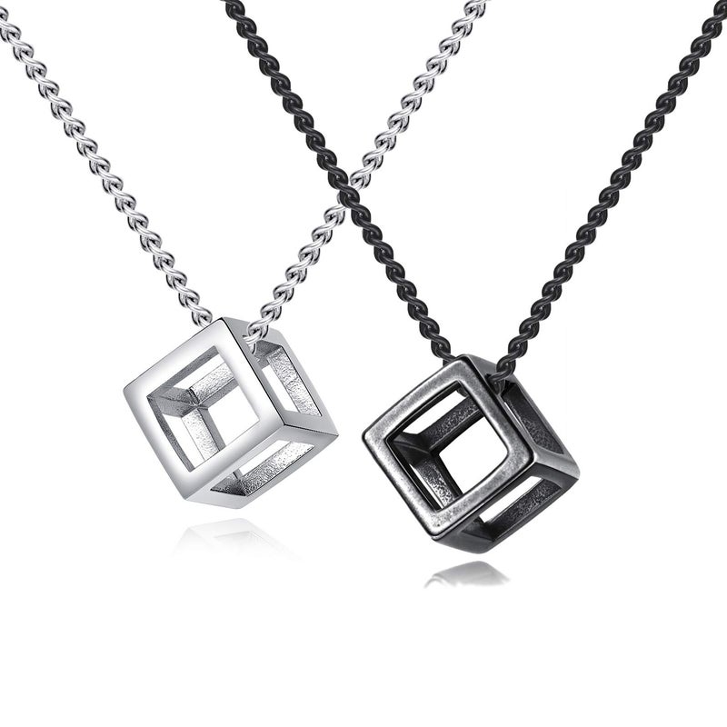 INRENG Men's Women's Stainless Steel Simple Square Hollow Cube Charm Pendant Minimalist Couple Necklace Small, Silver+Black 2pcs - Image 1